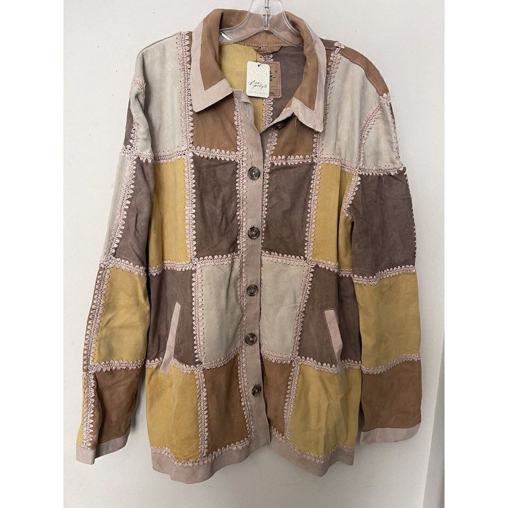 NWT FREE PEOPLE Sz L EDIE CROCHET CHORE LEATHER SUEDE PATCHED SHIRT JACK… - Picture 7 of 9